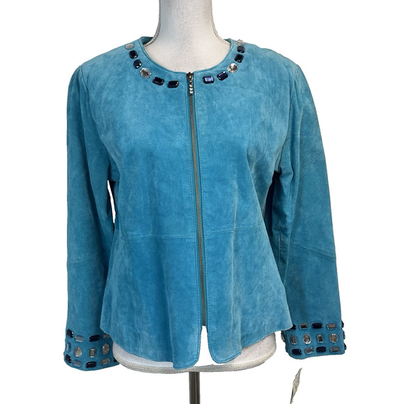 Karen Arnold Jacket Blazer size Large Aqua Agean Green Suede Leather Blue Jewels - Picture 1 of 8